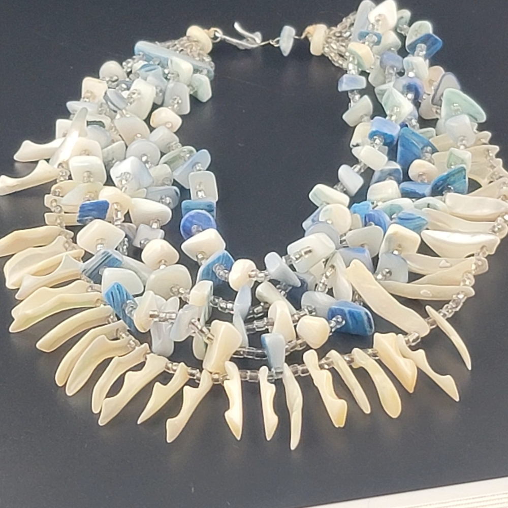 Vintage Japan Sea Shell Glass Bead Multi-Strand Bib Necklace Blue White - Picture 12 of 12
